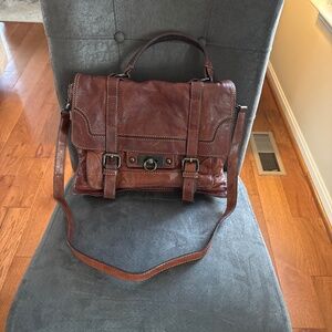 Frye Cameron Distressed  Brown Leather Shoulder Satchel Tote Messenger  Handbag